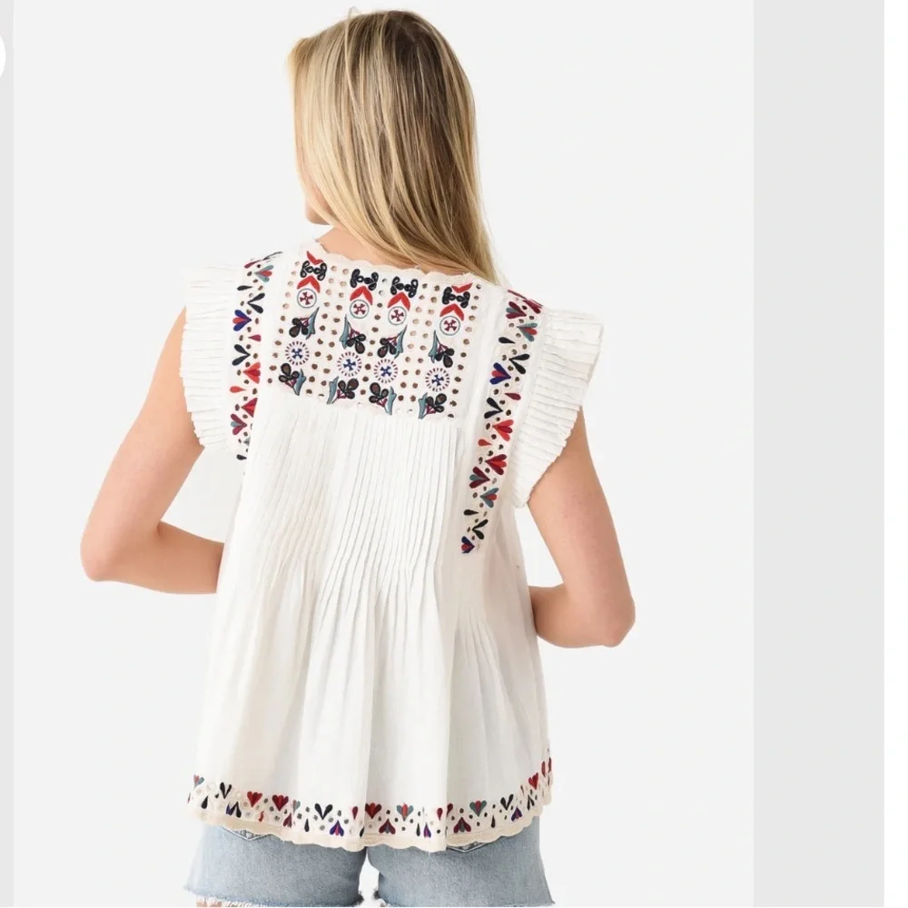 NWT Sea New York Alicia Embroidered Flutter Sleeve Cotton Linen Top Cream L - Picture 2 of 8